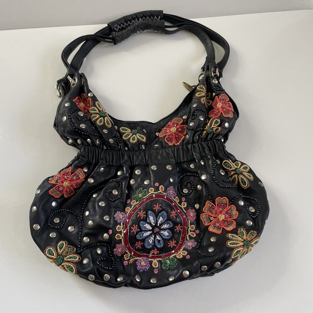 Rare Vintage Mary Frances Black Leather Beaded Bag
